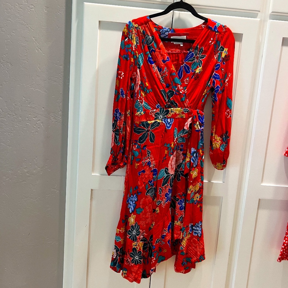 Anthropologie Red Floral Faux Wrap Dress, Size 8P